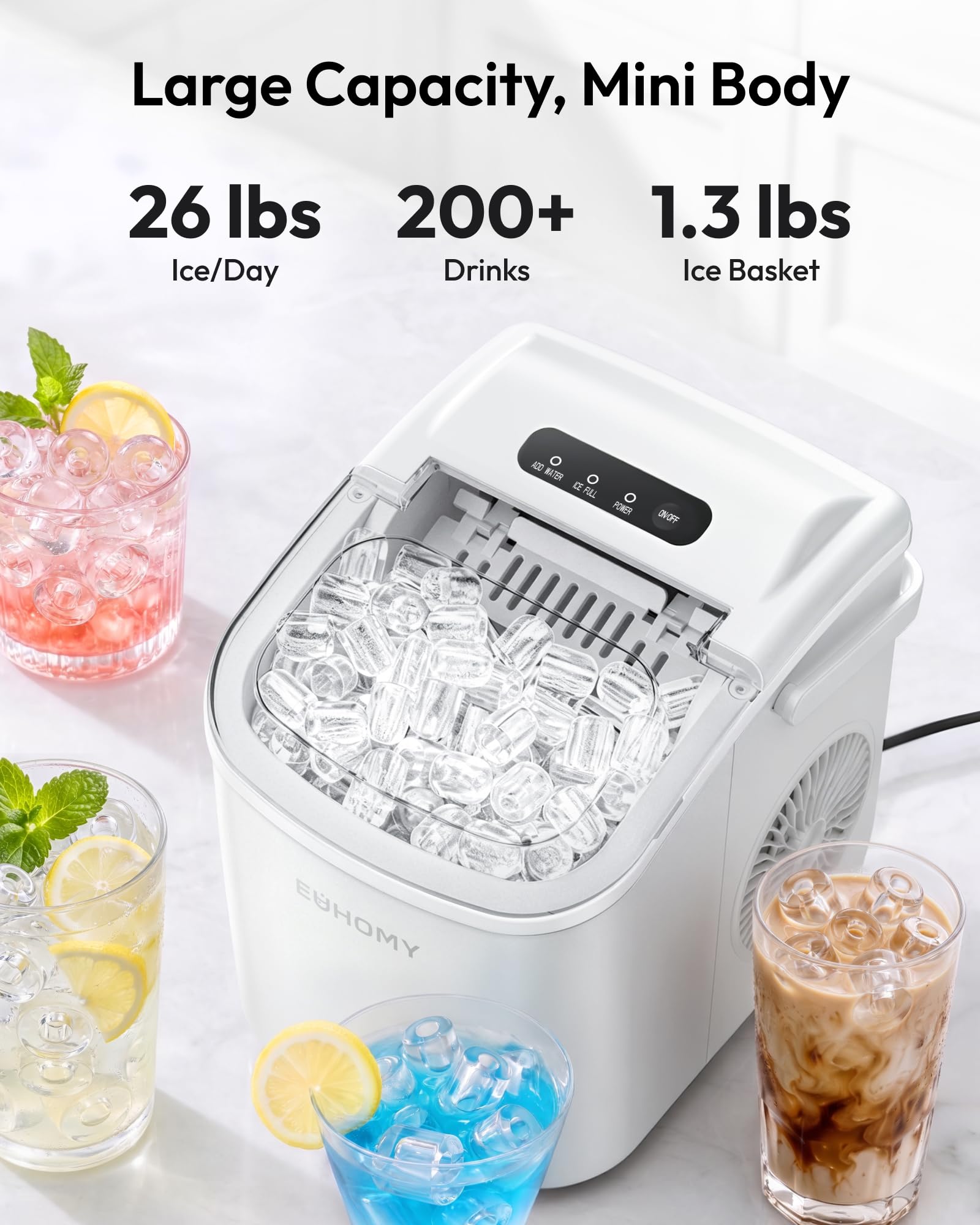 EUHOMY Countertop Ice Maker Machine with Handle, 26lbs Per Day, 9 Ice Cubes Ready in 6 Mins, Auto-Cleaning Portable Ice Maker with Basket and Scoop, for Home/Kitchen/Camping/RV (White) 🍁 All In One Marketplace Canada