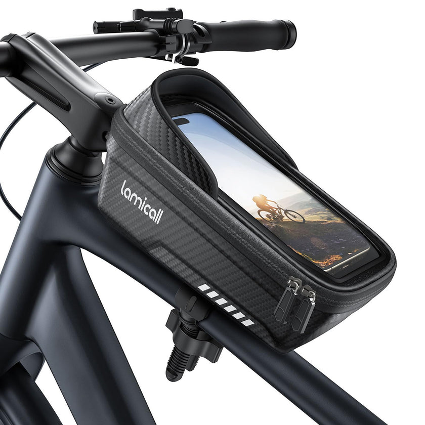 Lamicall Bike Frame Bag Waterproof - [Quick Install & Remove] 1.3L Bike Phone Bag with Sensitive Touch Screen, Bike Phone Holder with Rain Cover, Bicycle Top Tube Bag, Bike Accessories for Phones 4-7