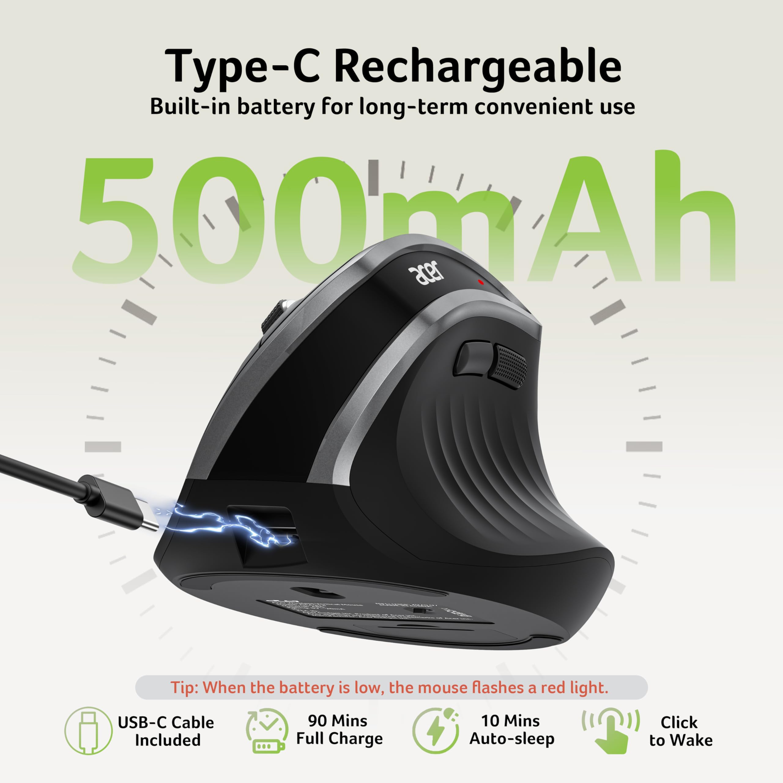 Acer Wireless Ergonomic Mouse, Rechargeable Vertical Mouse, 3 Adjustable DPI 1600/1200/1000, Ergo Mice, 2.4GHz Computer Mouse with 6 Buttons, 2.4GHz USB Receiver for Laptop, PC, Desktop 🍁 All In One Marketplace Canada