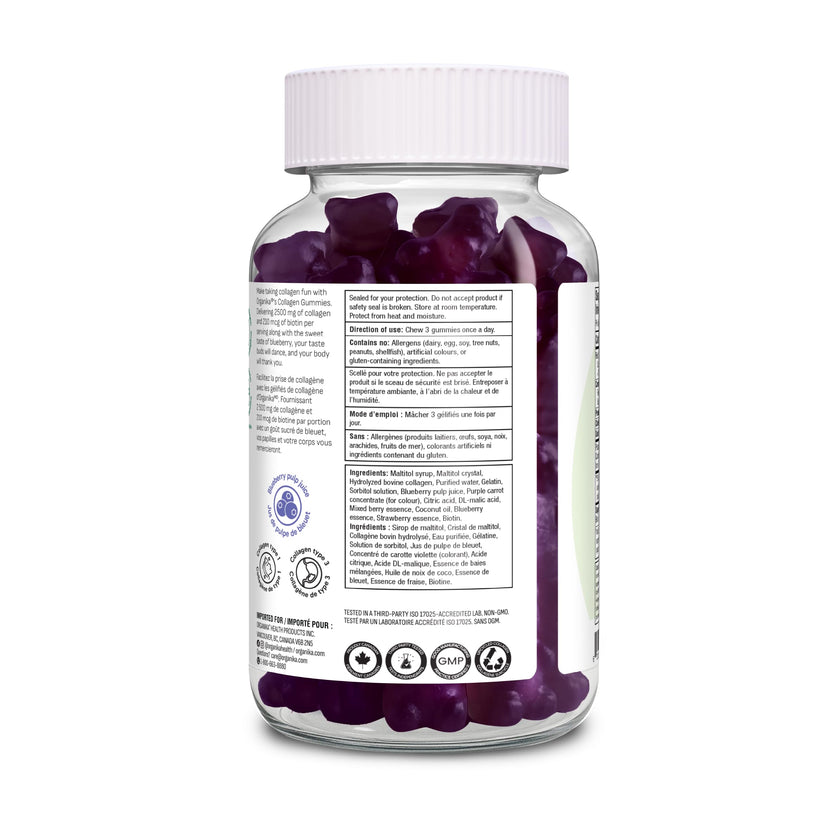 Organika Collagen Gummies with Biotin – 2500 mg Collagen Peptides Per Serving for Skin, Hair and Joint Health – Blueberry Bliss Flavour, Easy to Take – 90 Gummies 🍁 All In One Marketplace Canada