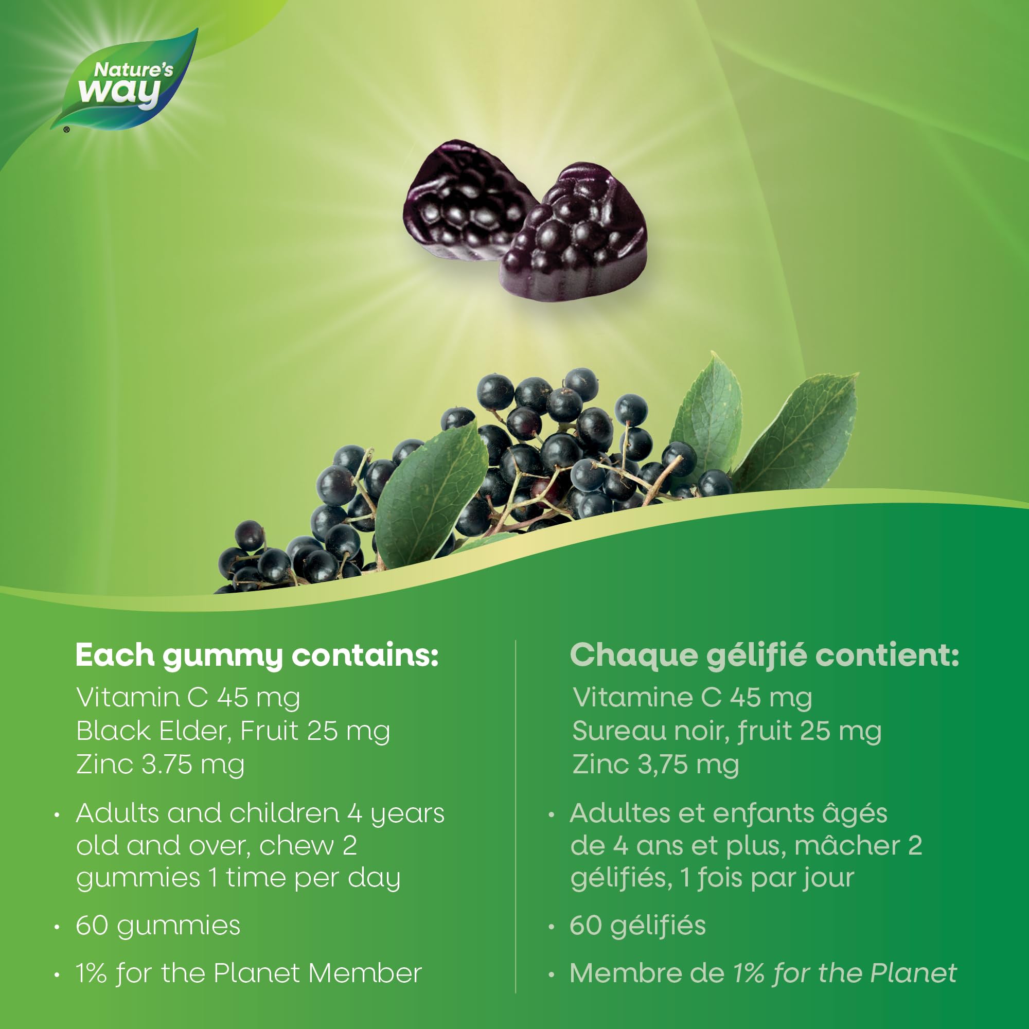 Nature's Way Sambucus Immune Support Gummies – Elderberry with Vitamin C & Zinc – Supports Immune Function and Relieves Cold & Flu Symptoms – Vegetarian, Gluten-Free for Adults & Kids 4+ – 60 Gummies 🍁 All In One Marketplace Canada