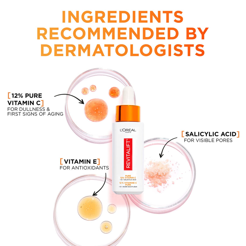 L'Oréal Paris 12% Pure Vitamin C Serum, Face Serum with Vitamin E & Salicylic Acid for Antioxidant Protection & Less Visible Pores, Revitalift Derm Intensives, 30mL 🍁 All In One Marketplace Canada