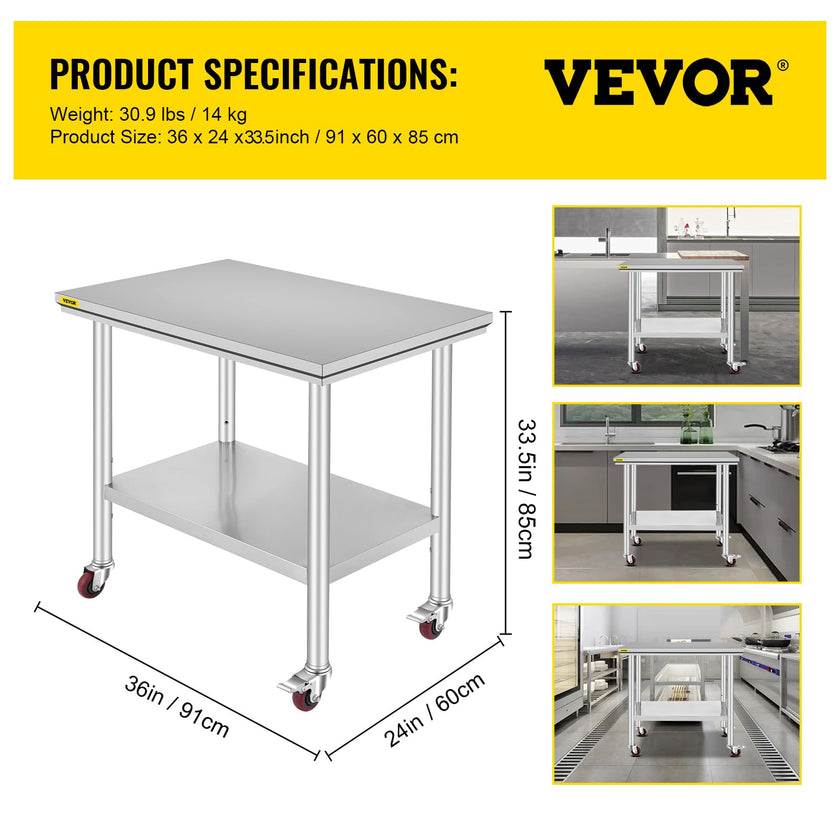 VEVOR 36x24x33.5 inch Stainless Steel Work Table with Wheels Prep Table with casters Heavy Duty Work Table for Commercial Kitchen Restaurant Business Garage 350 lb Capacity 🍁 All In One Marketplace Canada