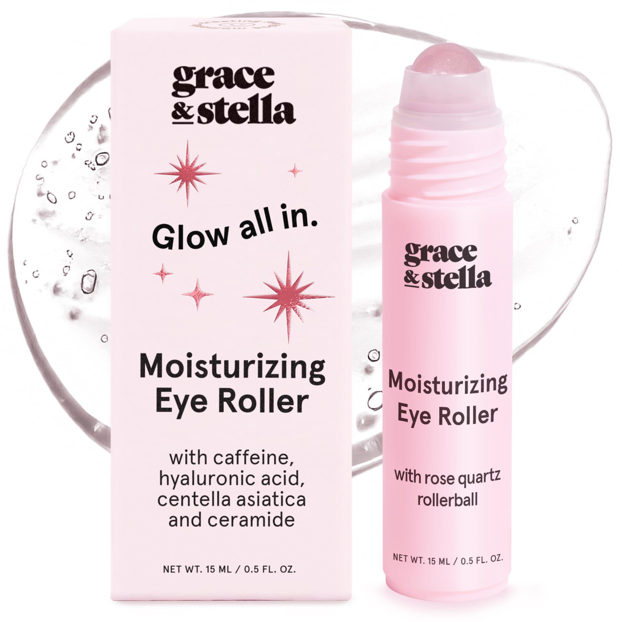 grace & stella Eye Serum Roller with Rose Quartz Rollerball - Hyaluronic Acid & Caffeine Under Eye Cream for Dark Circles & Puffiness - Airplane Travel Essentials - Vegan Skincare (15ml / 0.51floz) 🍁 All In One Marketplace Canada