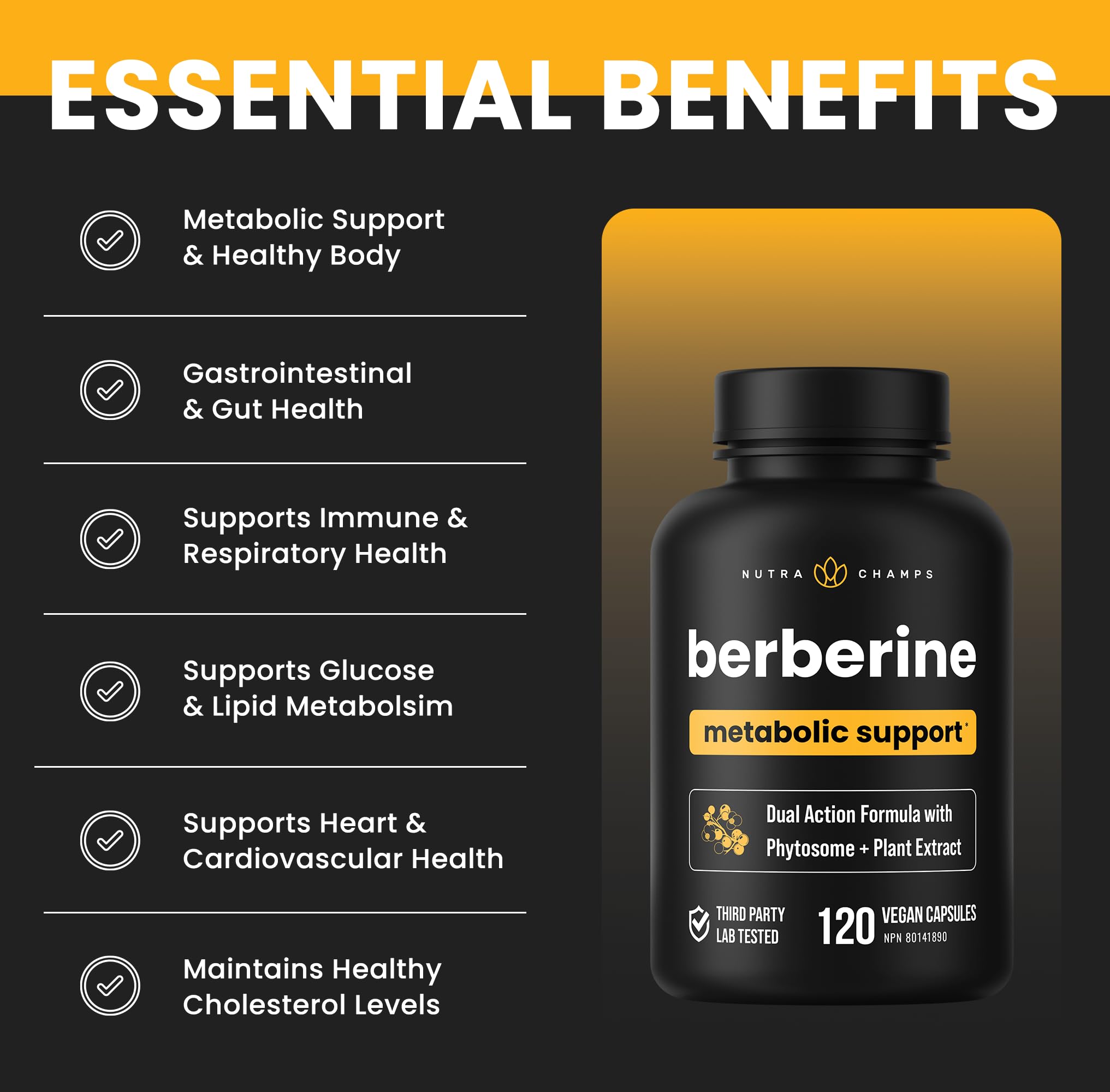 Berberine 1200mg Complex – 120 Count - Highest Purity 97% Berberine HCl + Patented Berbevis Phytosome for Max Absorption – Ultra Strength Capsules With Grape Seed Extract - Berberine Supplement Supports Glucose Metabolism & Healthy Blood Sugar Levels