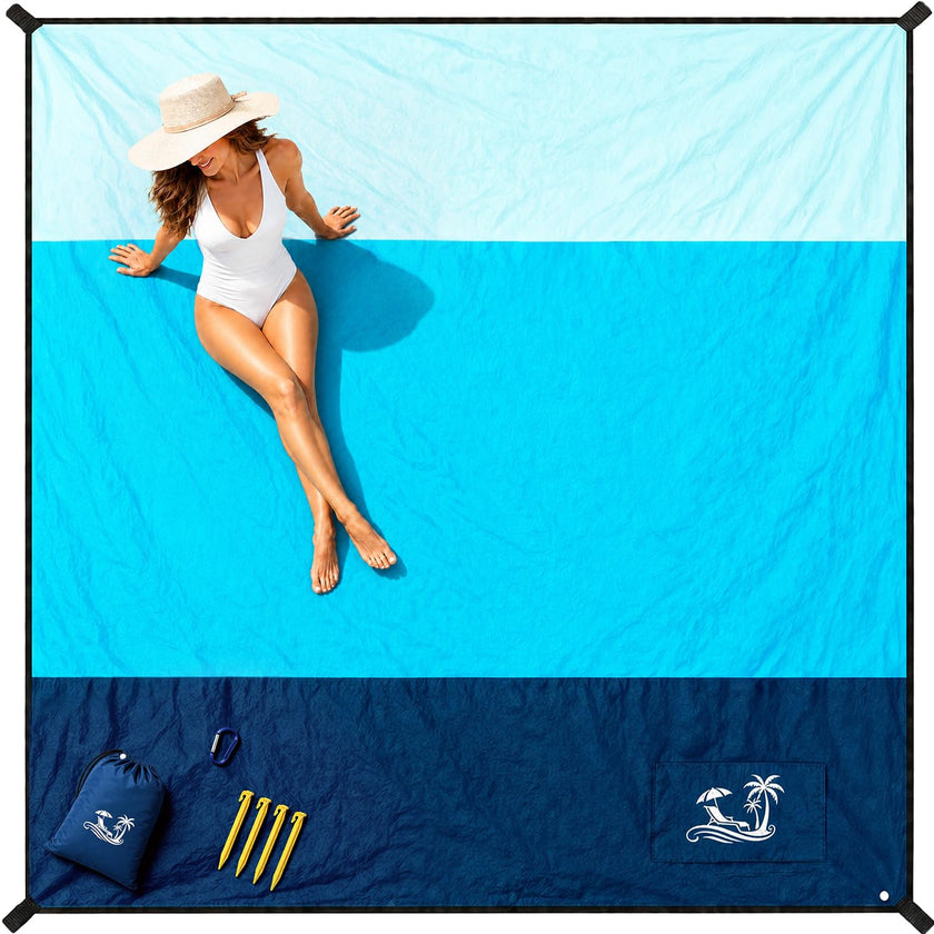 SOLNERY Large Beach Blanket Sand Proof Water Resistant, Beach Mat Sand Free Waterproof, Windproof, Stylish & Skin-Friendly, 8.2 x 6.8 ft, Fits 1–8 People, for Seaside, Picnic & Outdoor(Ocean Blue) 🍁 All In One Marketplace Canada