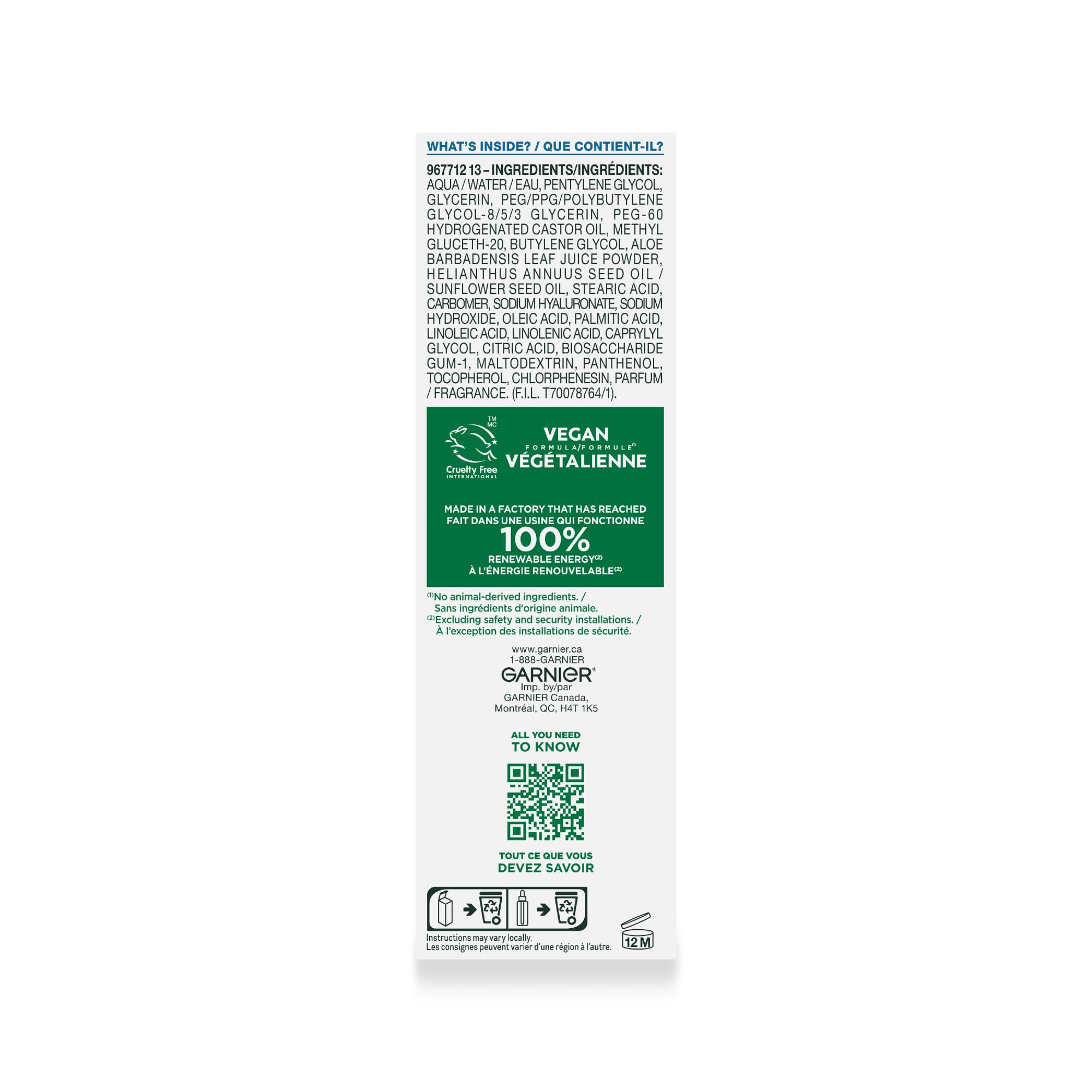 Garnier Hyaluronic Acid Face Serum, With Aloe Vera, Pro-Ceramides, Glycerin, Panthenol, Glass Skin, Reinforce Skin's Moisture Barrier, Hydrating, Replumpling, Normal To Combination, Vegan, 30ml 🍁 All In One Marketplace Canada