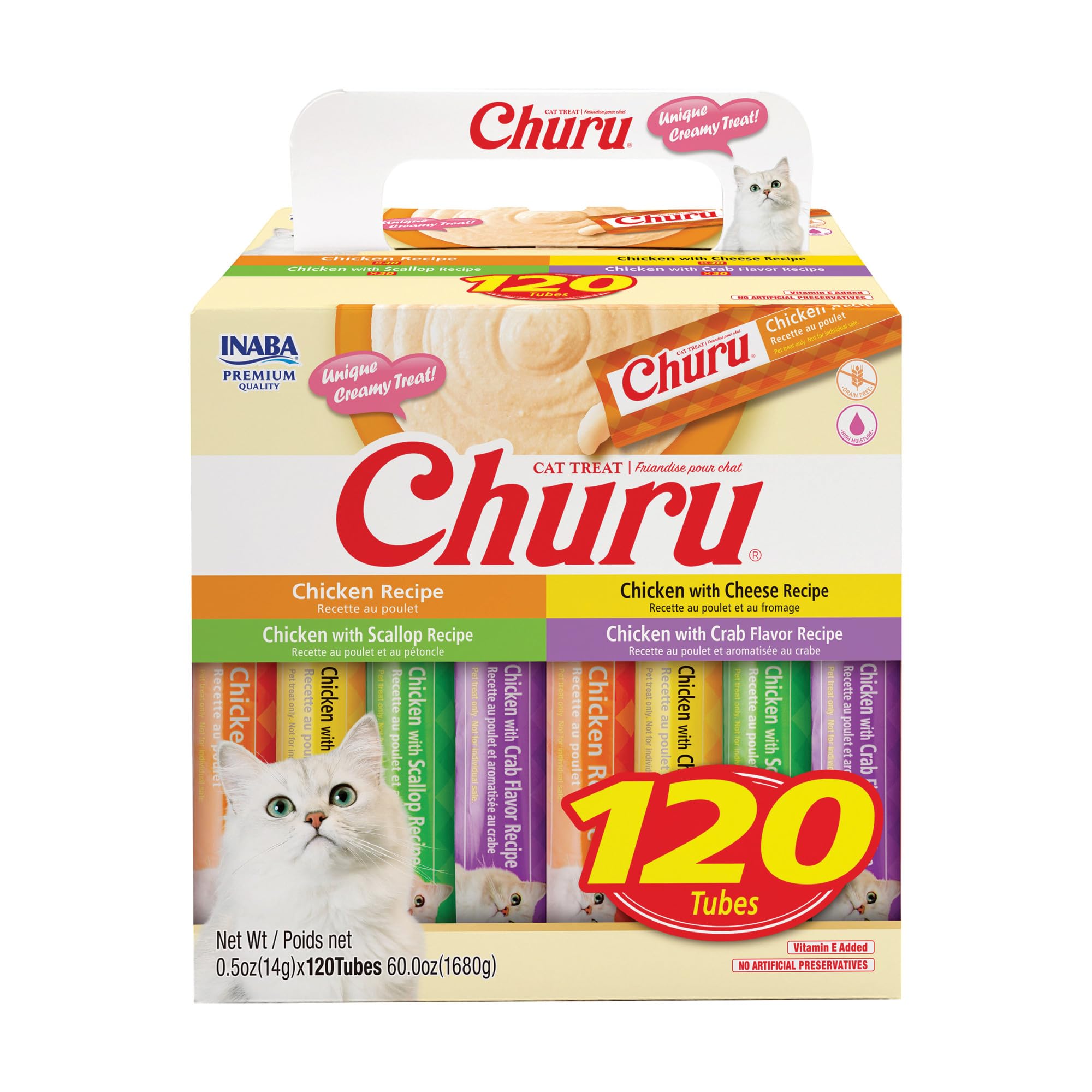 INABA Churu Cat Treats, Lickable, Squeezable Creamy Purée with Vitamin E, 14 Grams per Tube, 120 Tubes Total, Chicken Variety 🍁 All In One Marketplace Canada