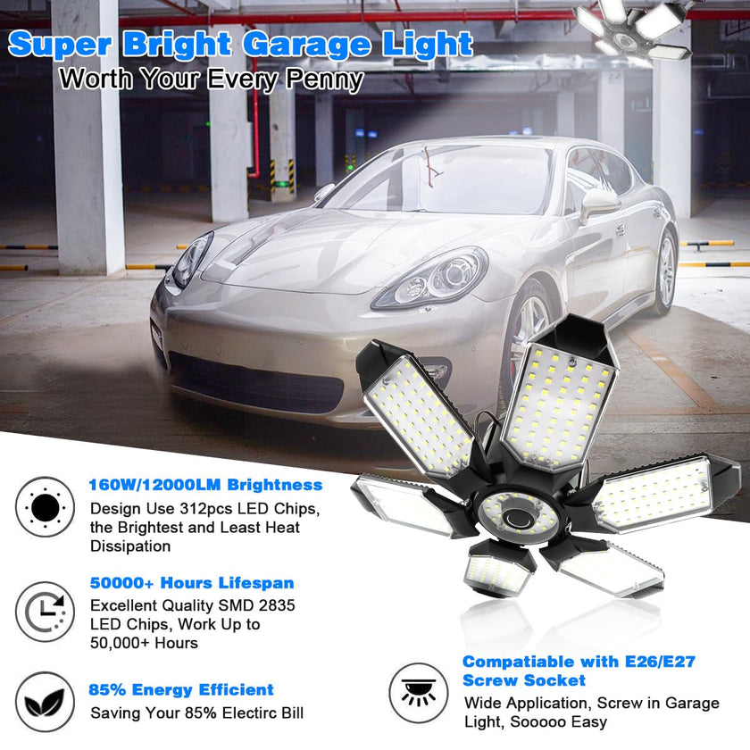 POLARPRA Garage Lights - 2Pack Super Bright 32000LM LED Garage Ceiling Light 6500K LED Shop Light w/ 6 Deformable Panels Screw in E26/E27 Socket Light Bulbs for Workshop Storage Warehouse Attic 🍁 All In One Marketplace Canada