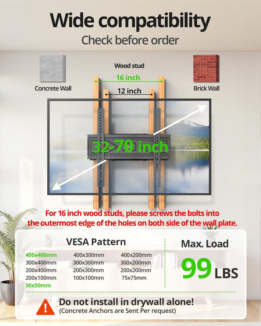 USX MOUNT Full Motion TV Wall Mount for Most 32-70 inch TVs up to 99 Lbs, Wall Mount TV Bracket with Articulating Swivel Tilting, TV Mount Fit 12