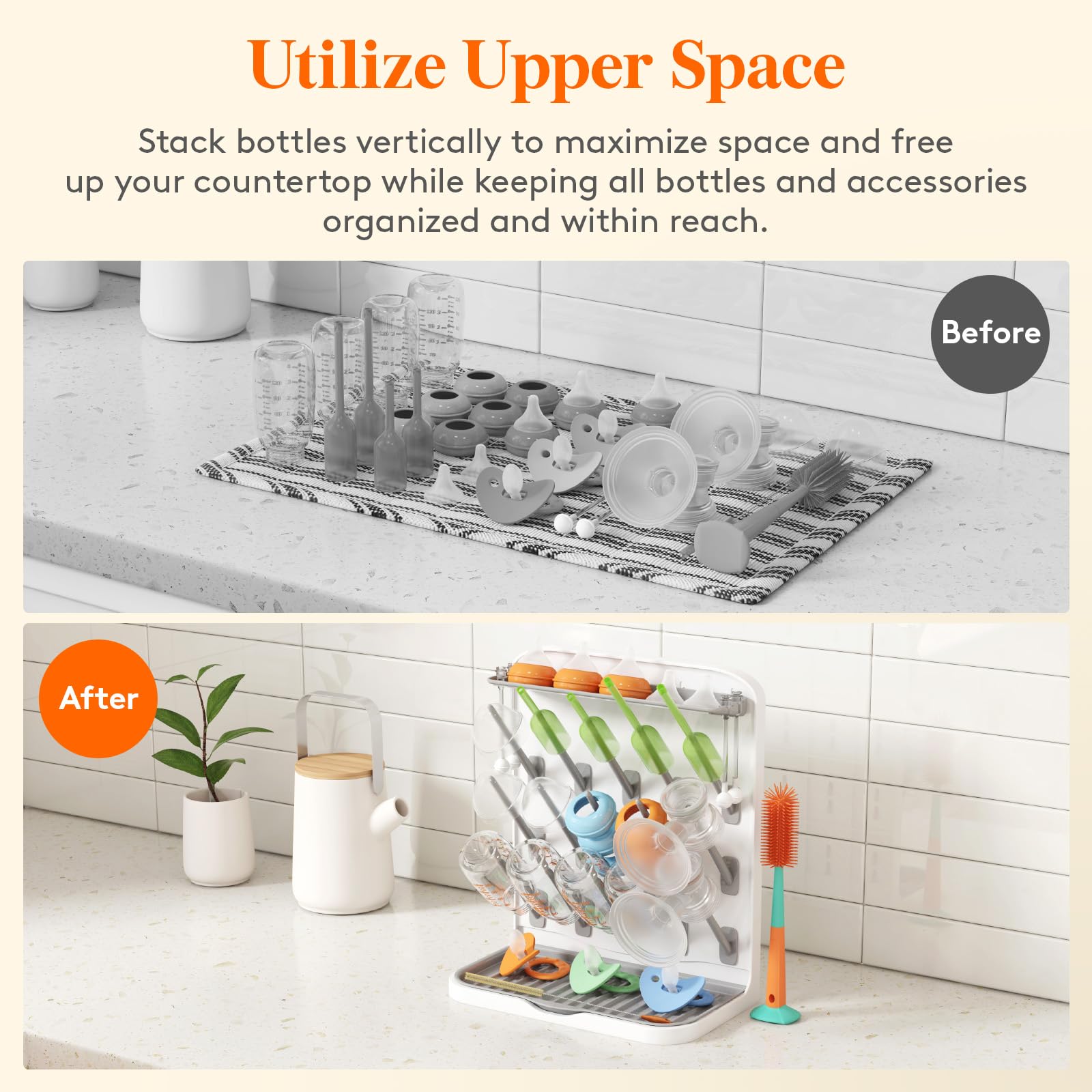 Lifewit Large Baby Bottle Drying Rack for 15 Bottles, Removable Pacifiers Box, Drip Tray, Vertical Rack for Bottle Accessories, Weighted Straws，Pump Parts, BPA-Free, White&Gray, Without Drain Mat 🍁 All In One Marketplace Canada