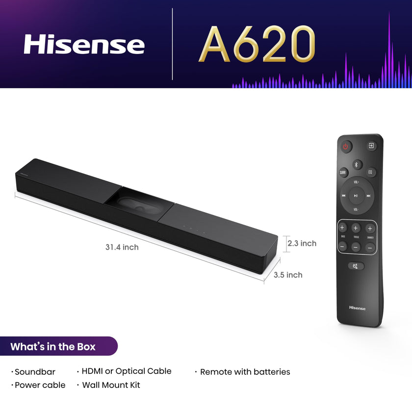 Hisense A620-2.1ch All-in-one Soundbar with 4.75 inch Built-in Visualised Subwoofer, 240W Max Audio Power, Compact Design with 5.3 Wireless Bluetooth, Powered by DTS Virtual:X, Roku TV Ready 🍁 All In One Marketplace Canada