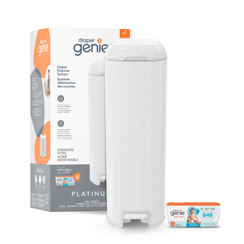 Diaper Genie Platinum Diaper Pail, White - Made in Durable Stainless Steel and Includes 1 Easy Roll Refill with 18 Bags 🍁 All In One Marketplace Canada