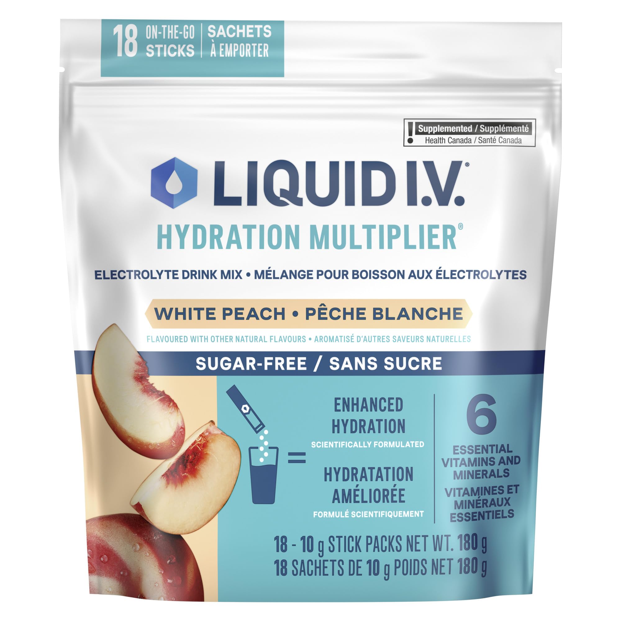 Liquid IV Sugar-Free Electrolyte Drink Mix for enhanced hydration, White Peach with Vitamins B3, B5, B12 and C 60g (18 sticks) 🍁 All In One Marketplace Canada
