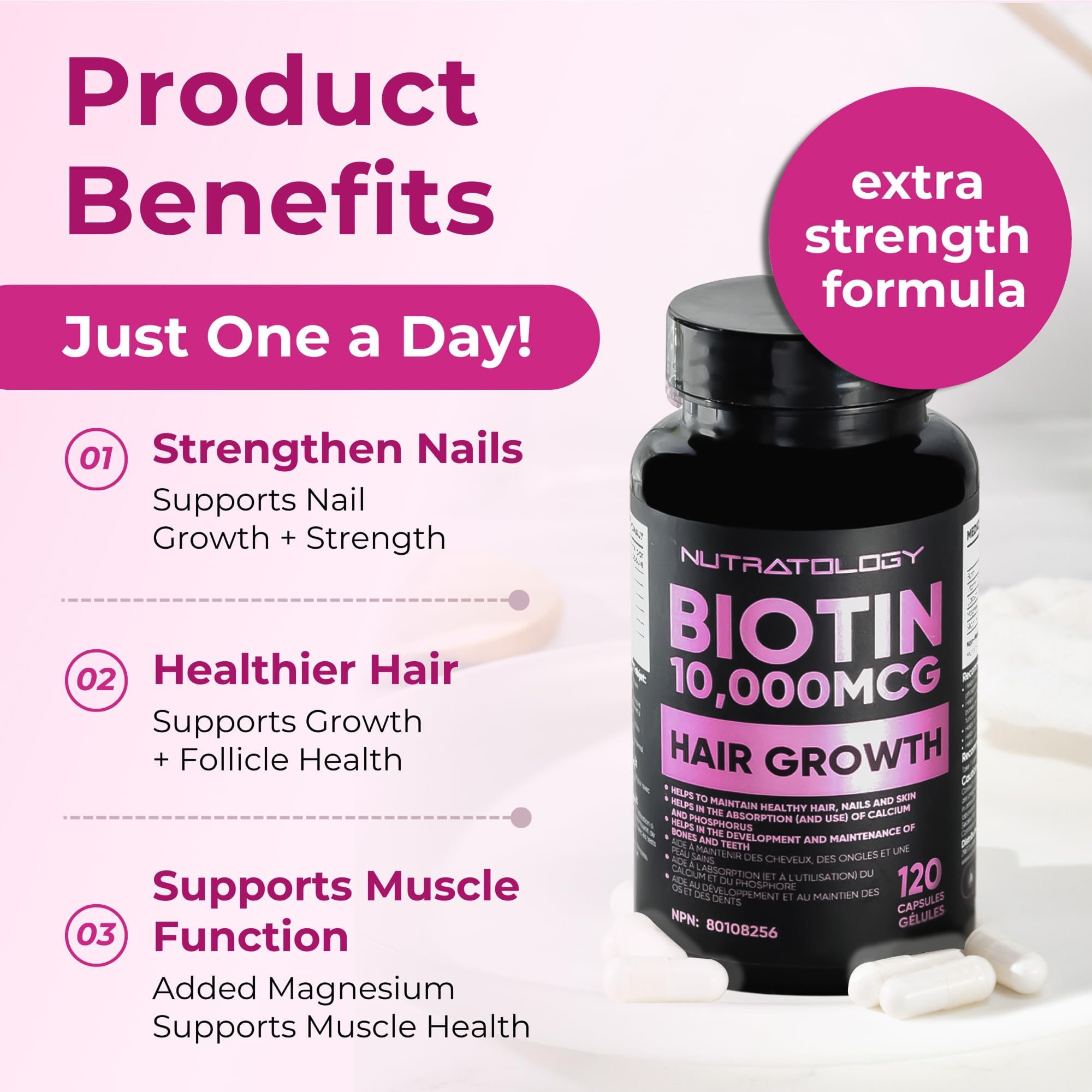 Biotin 10000MCG Hair Vitamins For Hair Growth Women | Canadian-Made | Promotes Healthy Skin & Nail Growth - Supports Muscle Function - Biotin Supplement - Hair Growth Products for Women - 120 capsules 🍁 All In One Marketplace Canada