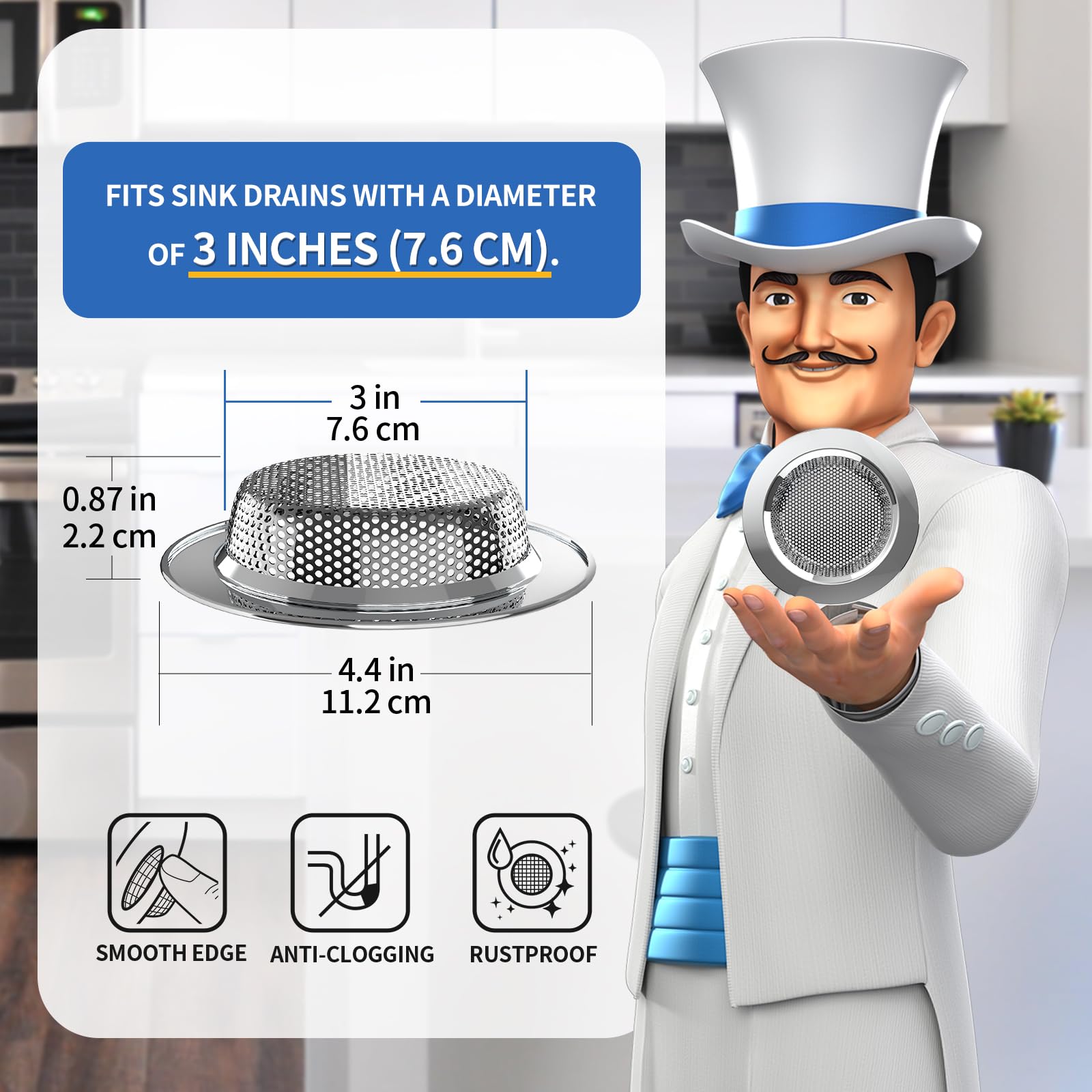 MR.SIGA Kitchen Sink Strainer, Stainless Steel Sink Drain Strainer, Dishwasher Safe, Outer Diameter4.4 inch/11.2cm, Inner Diameter 3 inch/7.6cm, Pack of 3 🍁 All In One Marketplace Canada