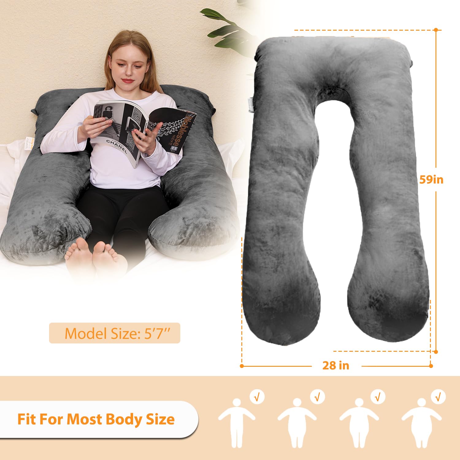 Chilling Home 59 Inch Pregnancy Pillow for Sleeping, Maternity Pillow for Pregnant Women, Full Body Pillow for Adults, Comfort U Shaped Pregnancy Pillow with Removable Washable Velvet Cover, Dark Grey 🍁 All In One Marketplace Canada