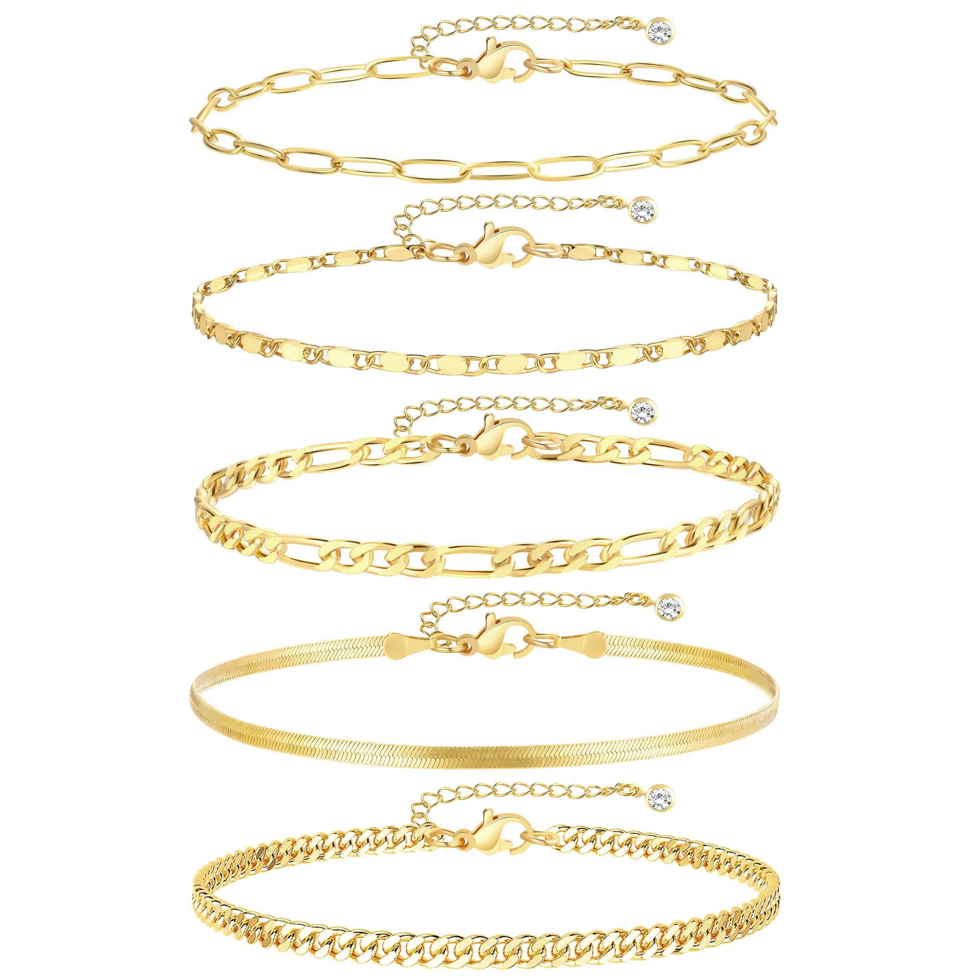 Gold Ankle Bracelets for Women, 14k Gold Plated Waterproof Cuban Link Chain Anklets Set, Layered Anklet Bracelets for Women Beach Gift Adjustable Size 5pc (GOLD-1) 🍁 All In One Marketplace Canada