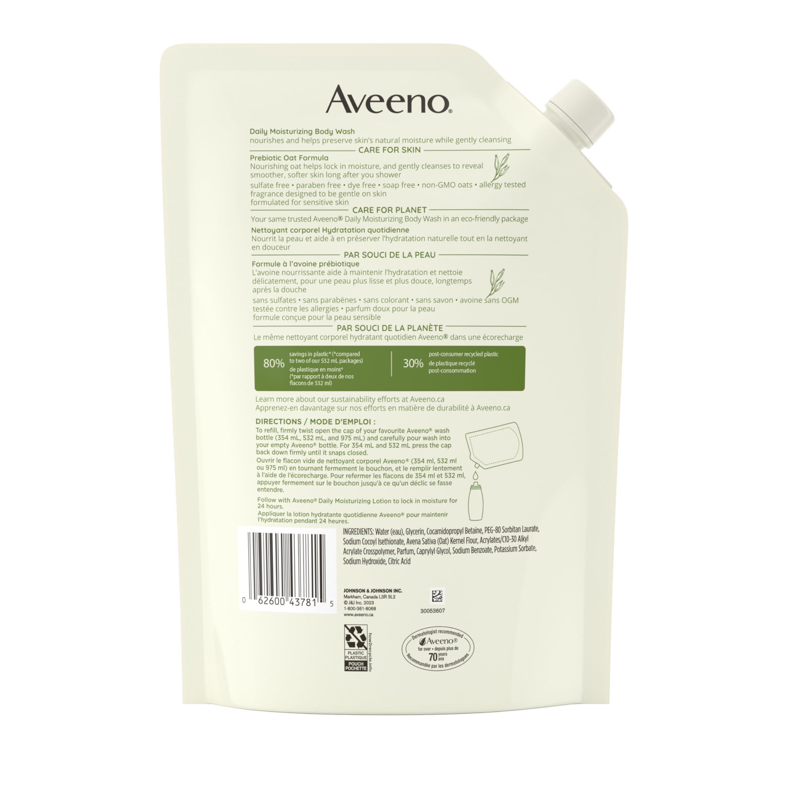 Aveeno Daily Moisturizing Body Wash for Dry & Sensitive Skin with Prebiotic Oat, Hydrating Oat Body Wash Nourishes Dry Skin & Gently Cleanses, Light Fragrance, Sulfate-Free, 1.06L, Refill Pack 🍁 All In One Marketplace Canada