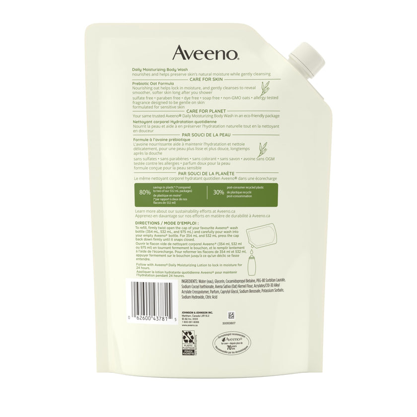 Aveeno Daily Moisturizing Body Wash for Dry & Sensitive Skin with Prebiotic Oat, Hydrating Oat Body Wash Nourishes Dry Skin & Gently Cleanses, Light Fragrance, Sulfate-Free, 1.06L, Refill Pack 🍁 All In One Marketplace Canada