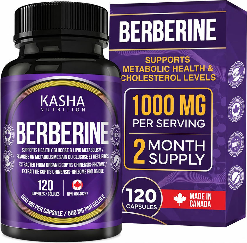 Maximum Strength Berberine Supplement 1000 mg Per Serving (500mg Per Capsule). Supports Healthy Glucose (Blood Sugar) and Lipid (Fats) Metabolism. Non-GMO, Vegan, Gluten-free. Bulk 120 Capsules. Proudly Canadian. Easy to Swallow. Kasha Nutrition