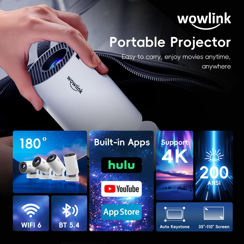 [Built-in Apps & 2026 Upgraded] Mini Projector with WiFi 6 and Bluetooth 5.4 Support 4K 1080P Auto Keystone 180° Rotatable Projector Portable Compatibile with HDMI/TV Stick/Memory Stick/Laptop, White 🍁 All In One Marketplace Canada