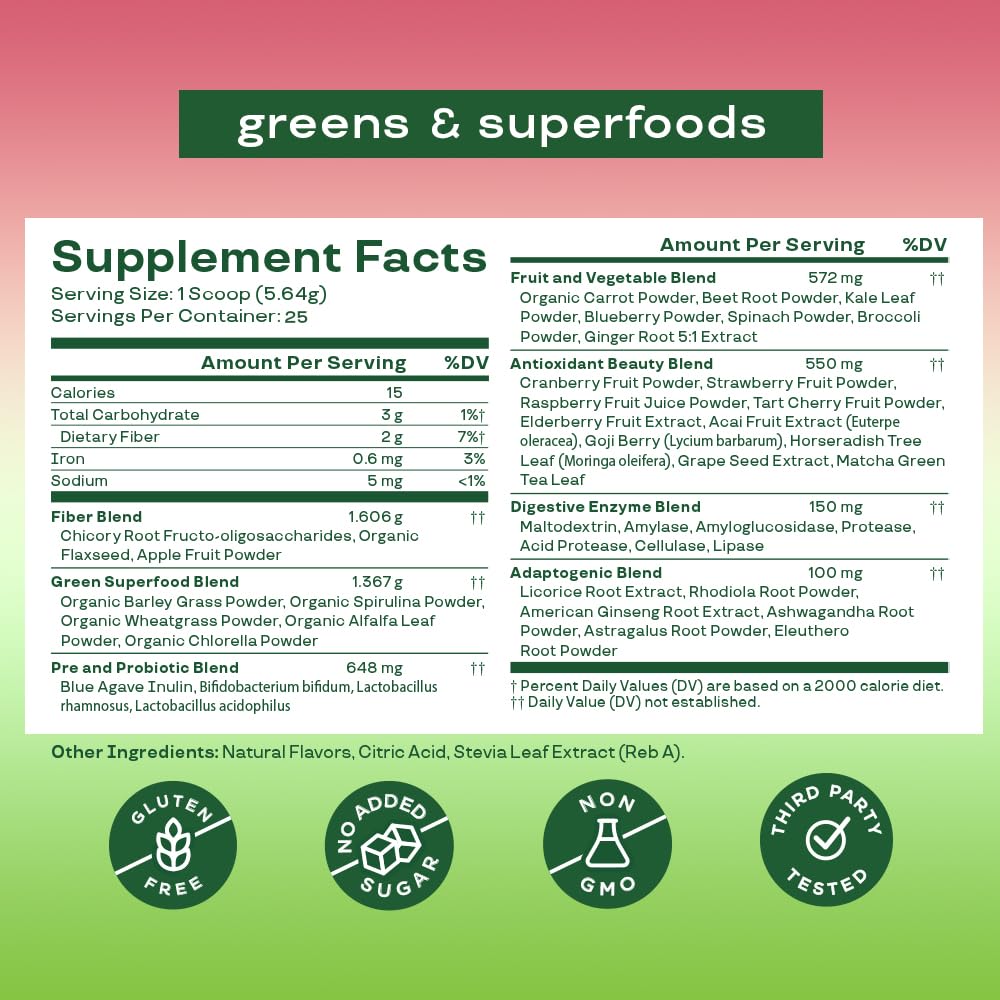 Bloom Nutrition Superfood Greens Powder, Digestive Enzymes with Probiotics and Prebiotics, Gut Health, Bloating Relief for Women, Chlorella, Juice Mix with Beet Root Powder, 25 SVG, Strawberry Kiwi 🍁 All In One Marketplace Canada