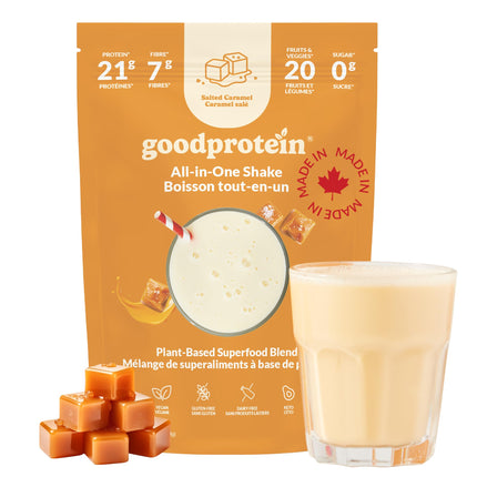 Good Protein Vegan Plant-based Protein Powder 100% Natural, Non-GMO, Dairy-free, Gluten-free, Soy-free, No Added Sugar and Nothing Artificial. Salted Caramel All-in-One Shake 440 grams 🍁 All In One Marketplace Canada
