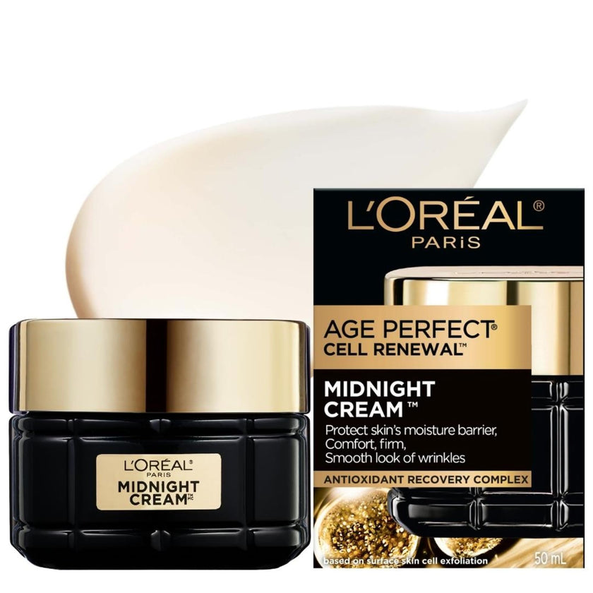 L'Oréal Paris Midnight Night Cream, Face Mositurizer with Vitamin E + Antioxidant Recovery Complex, Reduces look of Wrinkles, Firm & Comfort Skin, Age Perfect Cell Renewal, 50ml 🍁 All In One Marketplace Canada