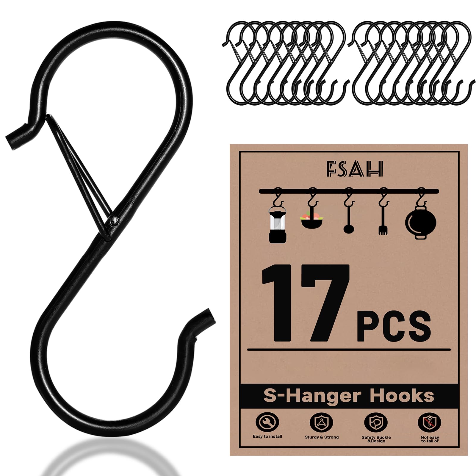 17 Pcs S Hooks for Hanging, Heavy Duty S Shaped Hooks Black, Kitchen Hooks, Closet Rod S Hanger Hooks for Plants, Pots, Towels and Bags, with Safety Buckle Design, 3.5 Inch 🍁 All In One Marketplace Canada