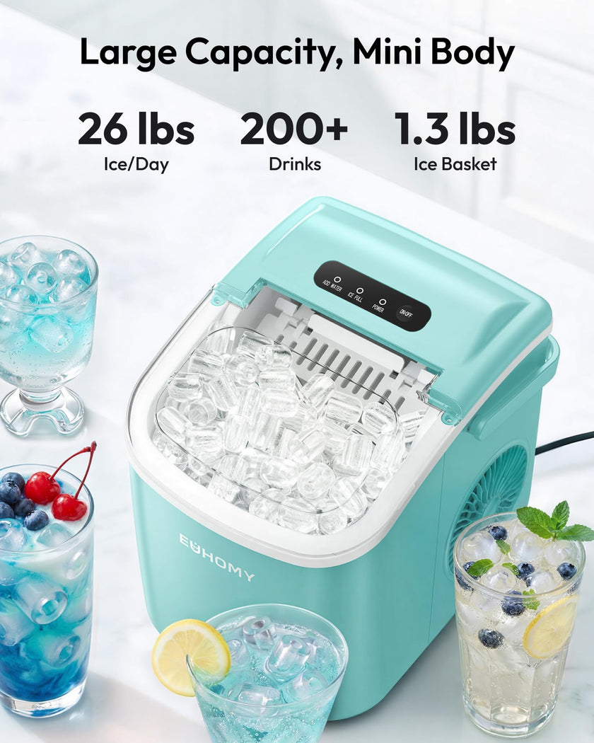 EUHOMY Countertop Ice Maker Machine with Handle, 26lbs Per Day, 9 Ice Cubes Ready in 6 Mins, Auto-Cleaning Portable Ice Maker with Basket and Scoop, for Home/Kitchen/Camping/RV (Green) 🍁 All In One Marketplace Canada