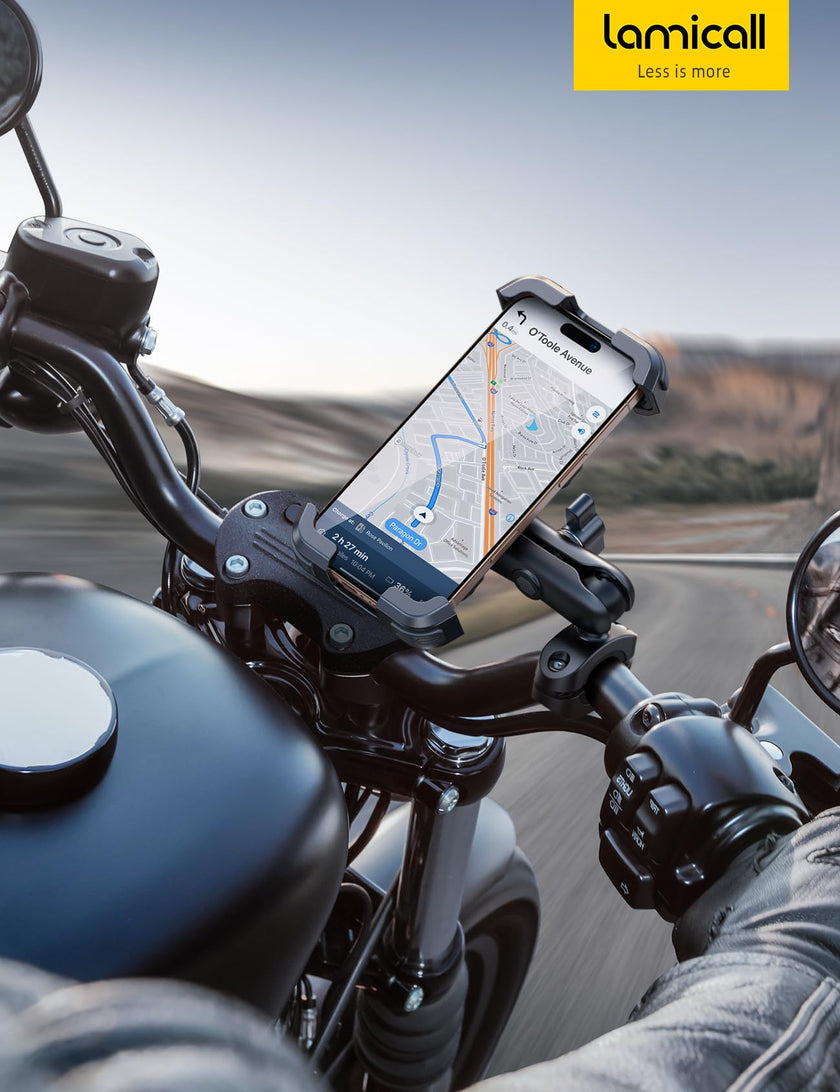 Lamicall Motorcycle Phone Mount Holder - [Dual Vibration Dampener] [720° Adjustment Arm] Motorcycle Cell Phone Holder, Bike Handlebar Phone Mount for iPhone 17 Pro/Air/16/15/14 Pro Max, 4.7-6.7