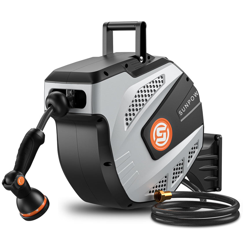 SUNPOW Retractable Garden Hose Reel - 1/2 inch x 50ft Wall Mounted Hose Reel with 3/4 inch Brass Fitting & 10 Function Sprayer Nozzle - Any Length Lock, Auto Rewind System, 180°Swivel Bracket - Grey 🍁 All In One Marketplace Canada