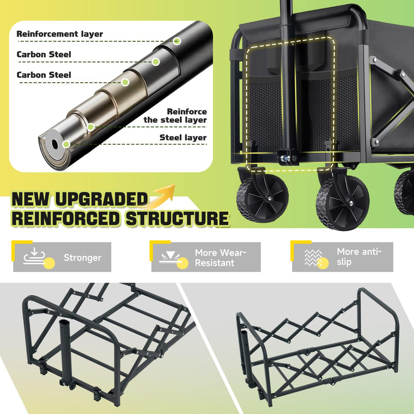 100KG Collapsible Foldable Wagon Carts - Heavy Duty Portable Folding Utility Wagons with All-Terrain Wheels for Grocery Sports Shopping Camping Garden Beach, 2 Drink Holders/Lightweight/Black 🍁 All In One Marketplace Canada