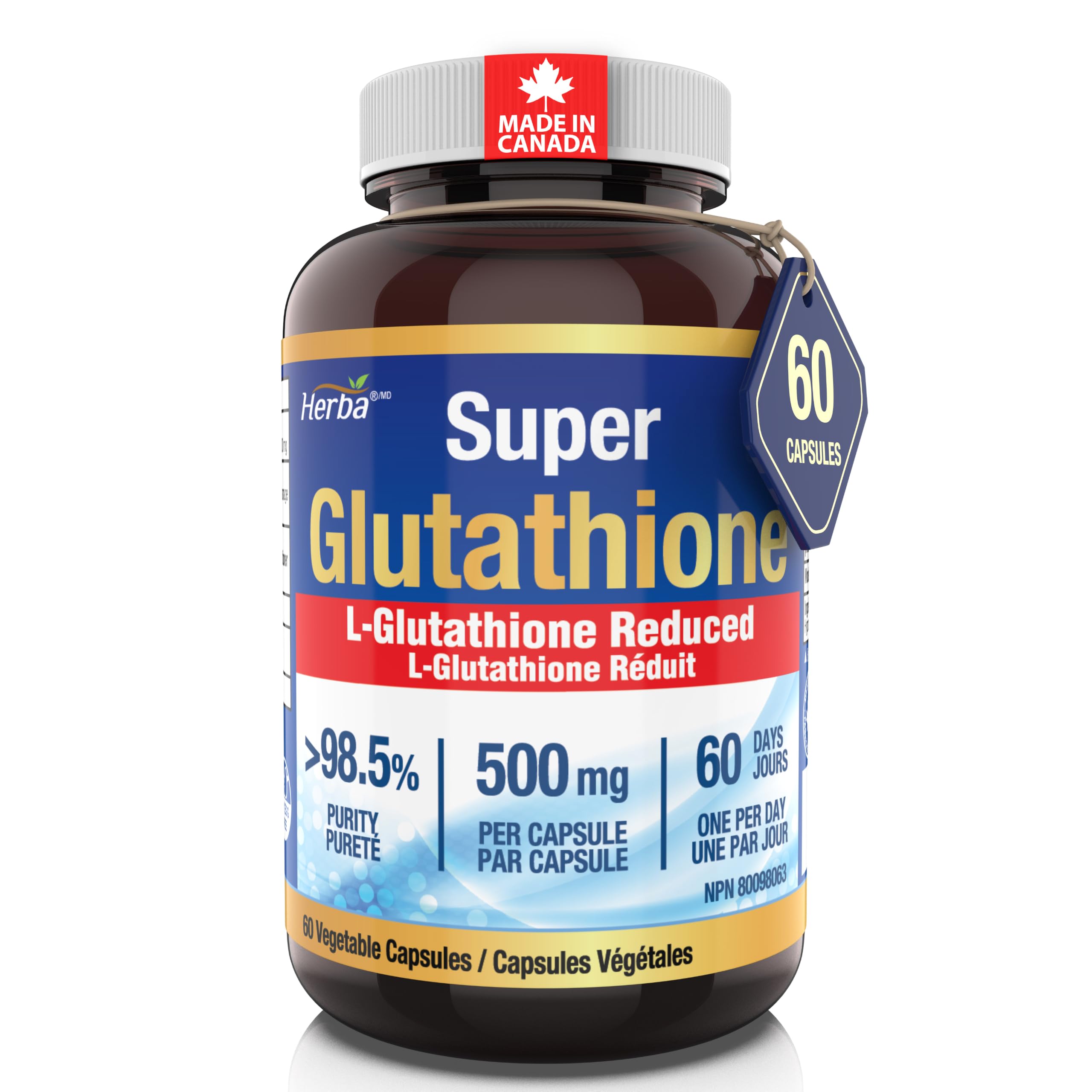 Herba Glutathione Supplement 500mg - 60 Vegetable Capsules | L Glutathione Reduced Active Form | Super Glutathione 500mg Capsule for Antioxidants | >98.5% Purity | Made in Canada 🍁 All In One Marketplace Canada