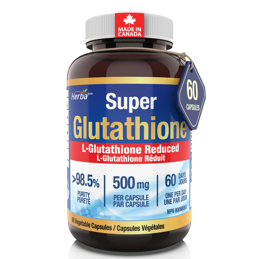 Herba Glutathione Supplement 500mg - 60 Vegetable Capsules | L Glutathione Reduced Active Form | Super Glutathione 500mg Capsule for Antioxidants | >98.5% Purity | Made in Canada 🍁 All In One Marketplace Canada