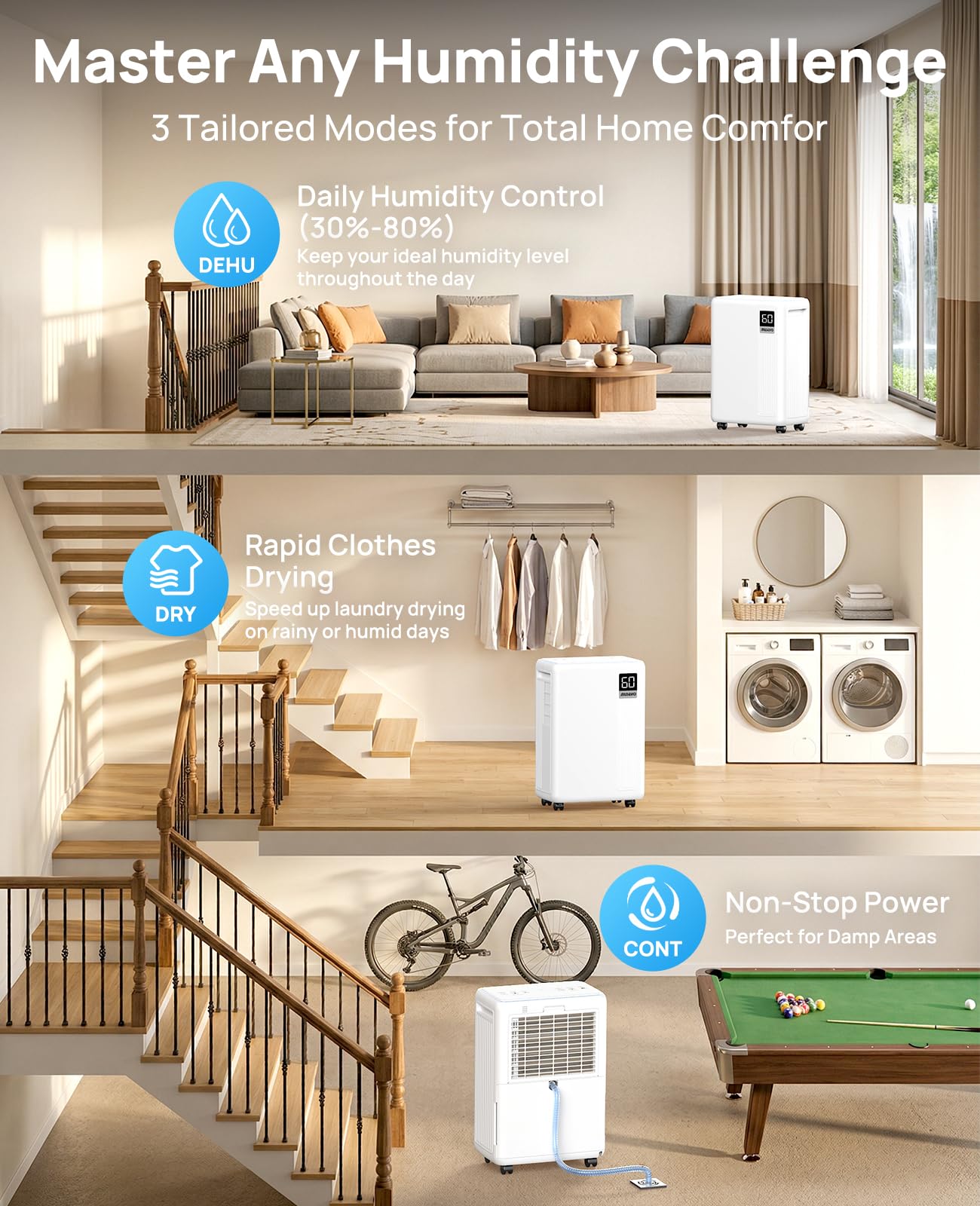 AIUSEVO 26 Pint Dehumidifiers for Basements & Home (Up to 2500 Sq.Ft), Ultra Quiet 40dB Bedroom Dehumidifier with 3 Modes, Continuous Drain & Auto Defrost to Reduce Moisture & Musty Odors 🍁 All In One Marketplace Canada