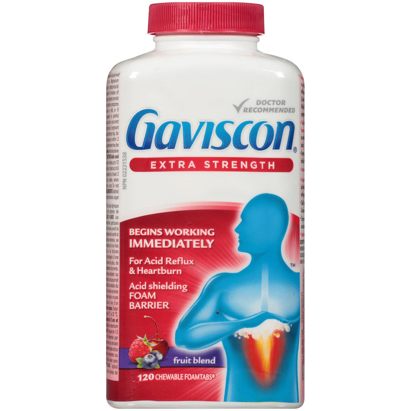Gaviscon Extra Strength Tablets - 120 Count - Chewable Foaming Antacid Tablets for Day and Night Heartburn Relief, Acid Reflux and GERD Relief, Fruit Blend - Free of Aluminum, Lactose and Gluten 🍁 All In One Marketplace Canada