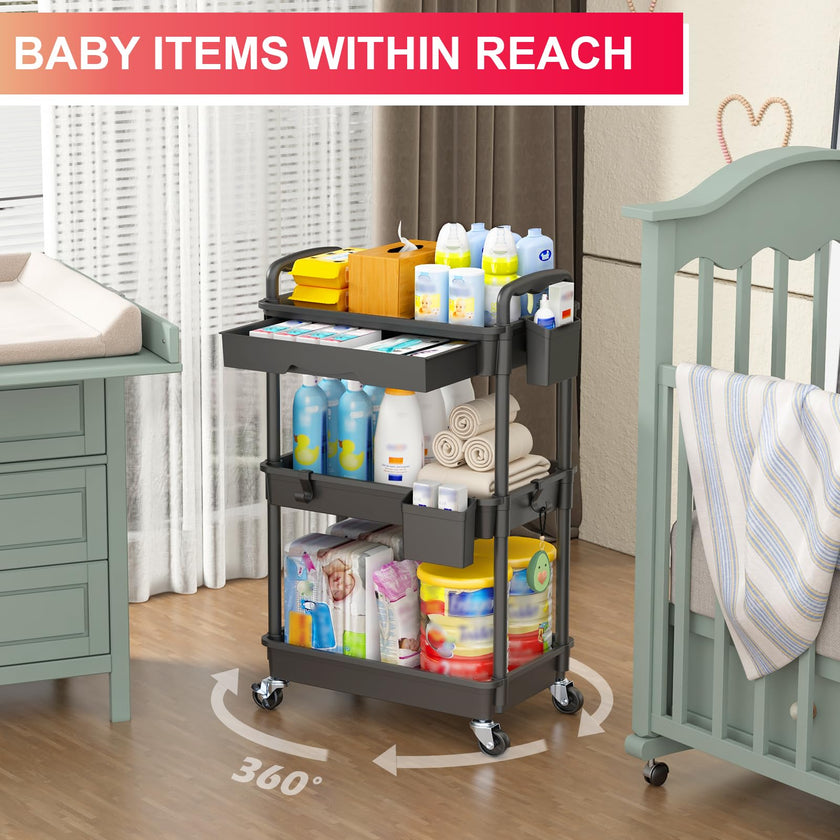 Goovilla 3 Tier Rolling Utility Cart Organizer with Removable Drawer, Stable and Sturdy Black Rolling Storage Carts with 2 Lockable Wheels for Bathroom, Kitchen, Snack, Craft, Makeup, Baby Essentials 🍁 All In One Marketplace Canada