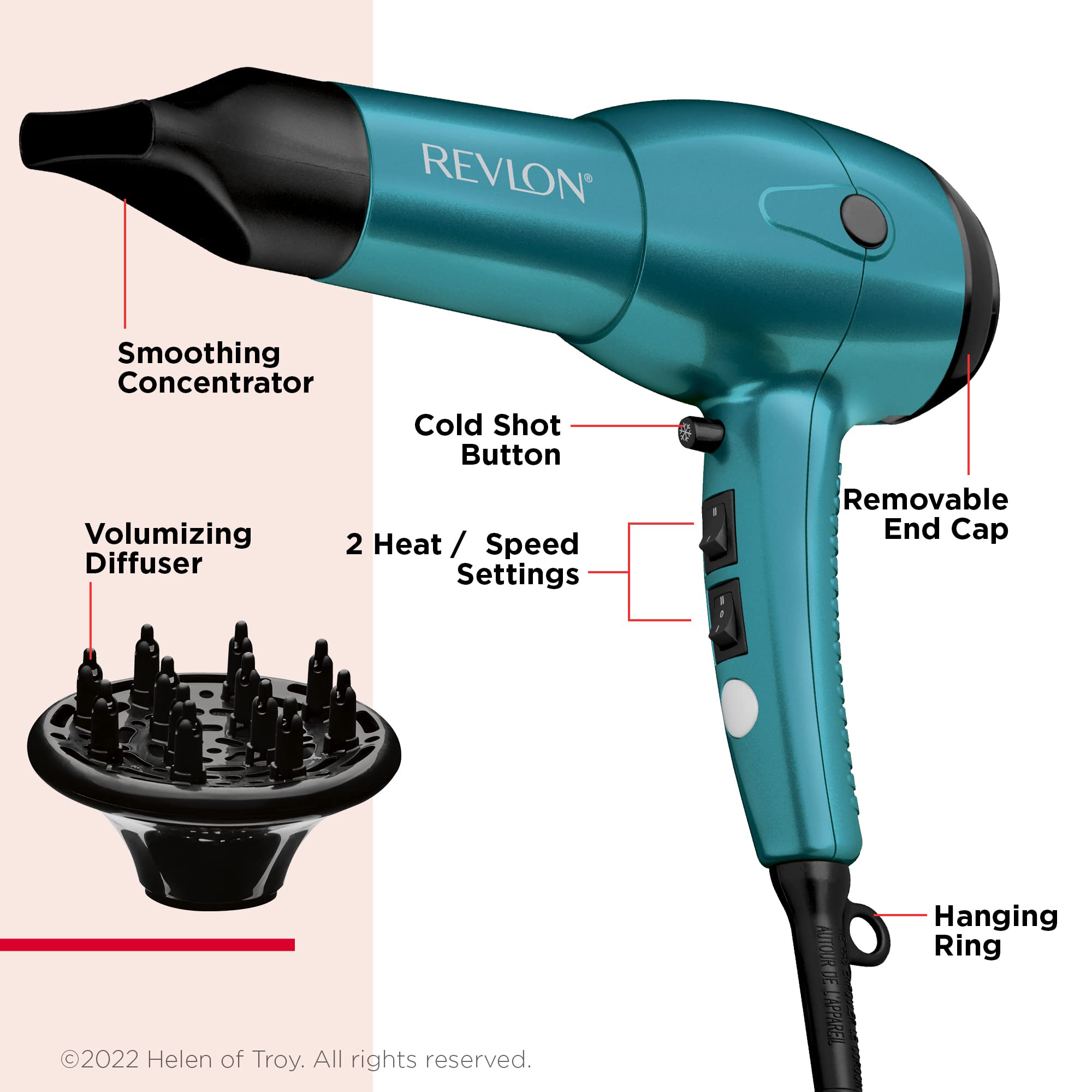 Revlon RV544FBLF Advanced Ionic Technology™ Hair Dryer with Diffuser, Powerful, Hair Dryer with Concentrator, Quick Dry, Lightweight, 2 Heat/Speed Settings, Less Frizz, Shiny and Smooth Hair, Blue 🍁 All In One Marketplace Canada