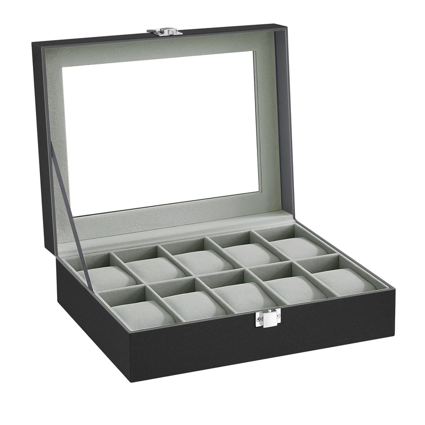 SONGMICS Watch Box, 10-Slot Watch Case Organizer with Large Glass Lid, Removable Pillows, Gift for Loved Ones, Black Synthetic Leather, Gray Lining UJWB010BK 🍁 All In One Marketplace Canada