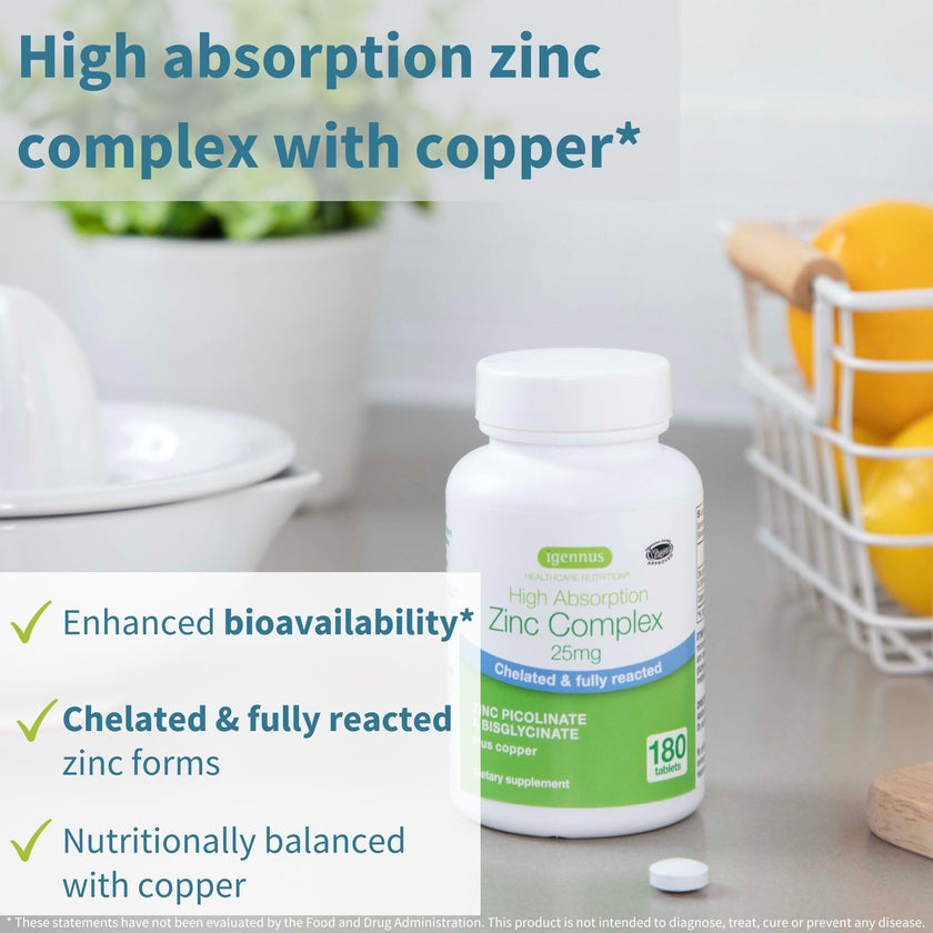 Igennus Zinc 25mg with Copper, Dual-Form Zinc Picolinate & Bisglycinate Complex, Clean Label & High Absorption, 180 Tablets (6 Month Supply), Immune, Skin and Cellular Health Support, Non-GMO, Vegan 🍁 All In One Marketplace Canada