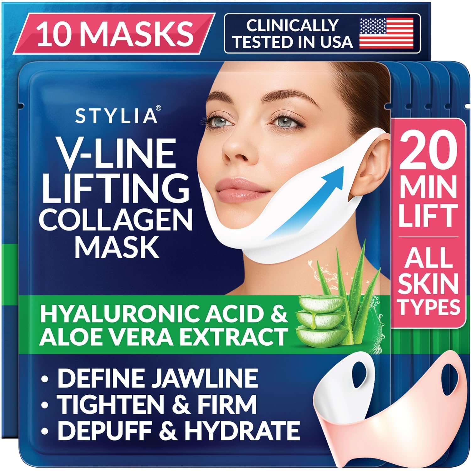 Stylia V Line Lifting Collagen Face Mask - Lift, Firm & Contour Jawline - Double Chin Strap with Hyaluronic Acid & Aloe Vera - Hydrating Neck & Face Tightening Mask - Chin Strap for Sleeping 10PC 🍁 All In One Marketplace Canada