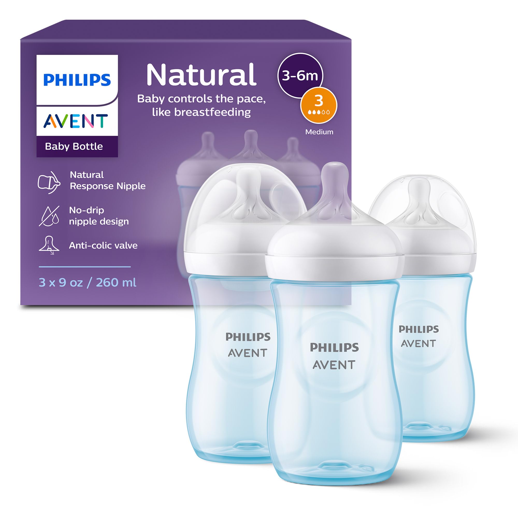 Philips Avent Natural Baby Bottles with Natural Response Nipples (Medium Flow, Flow 3), 9oz, Blue, 3-pack, SCY903/23 🍁 All In One Marketplace Canada