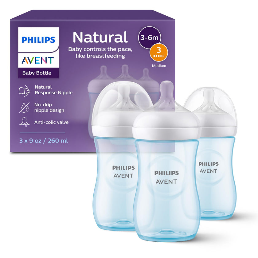 Philips Avent Natural Baby Bottles with Natural Response Nipples (Medium Flow, Flow 3), 9oz, Blue, 3-pack, SCY903/23 🍁 All In One Marketplace Canada