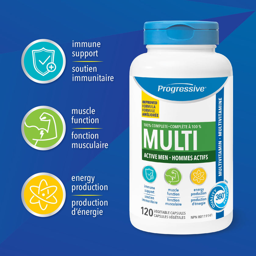 Progressive Advanced Daily Multivitamin for Active Men, with Quercetin, Maca, Ashwagandha, and Siberian Ginseng. Supports Immune Health, Muscle Function, and Energy, 100% Complete, Canadian-Made 120 Count 🍁 All In One Marketplace Canada