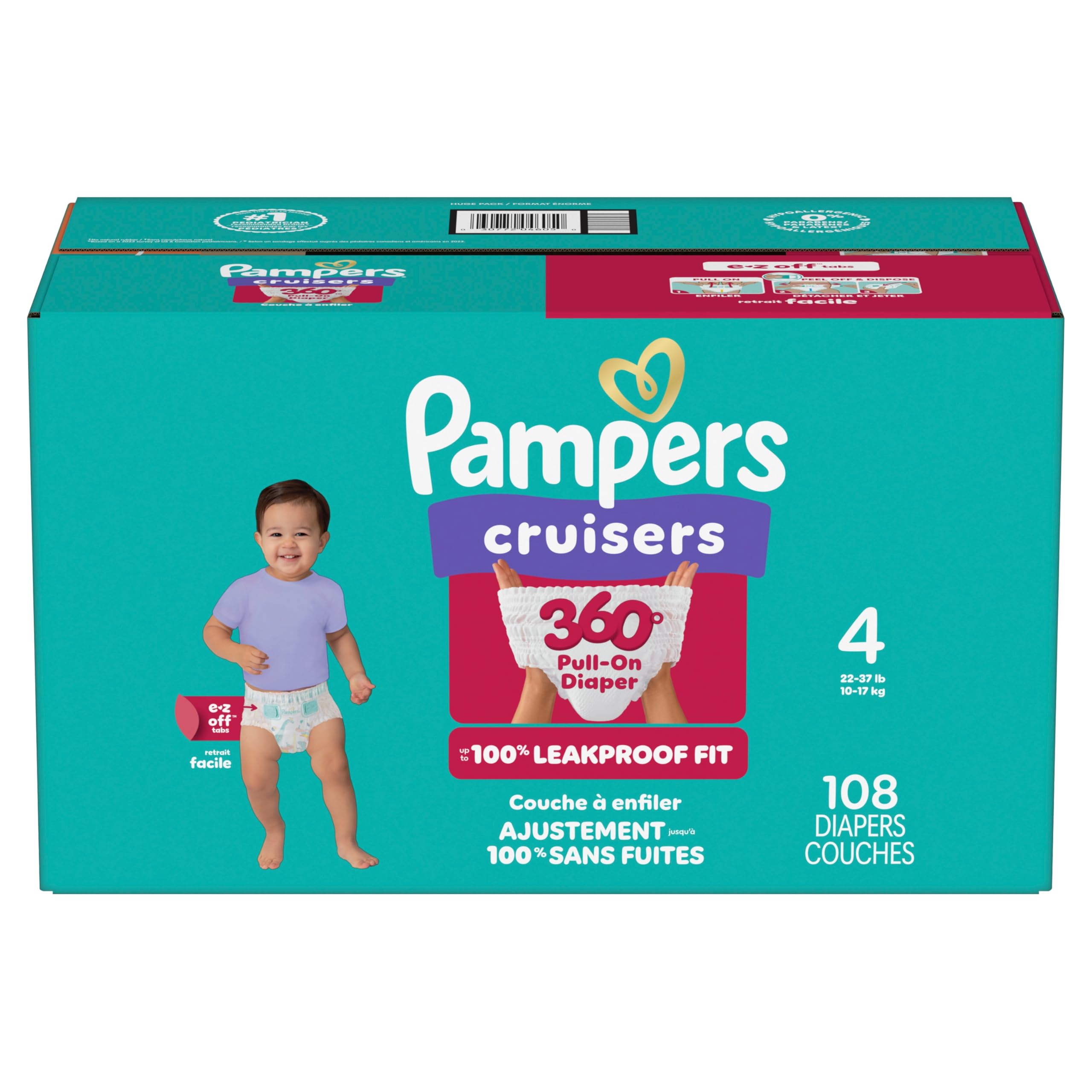 Pampers Diapers - Cruisers 360° - Size 4, up to 100% Leakproof Fit, Designed for Active Babies, Pull On Diaper, EZ Off Tabs Designed for Easy Changes, 1 Pack (Count of 108) 🍁 All In One Marketplace Canada