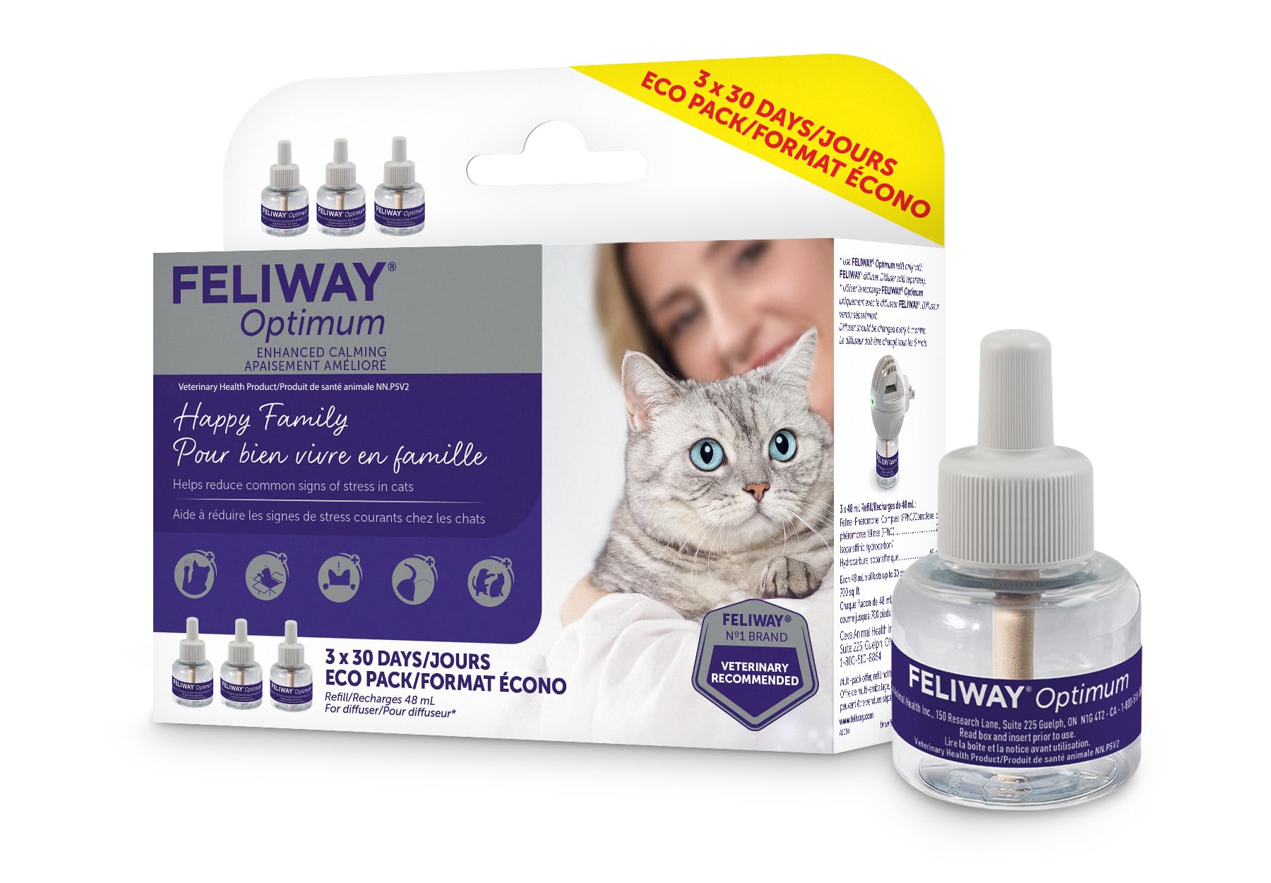 FELIWAY Optimum Diffuser Refill Value Pack, Promotes Calmness AND Harmony in Cats & Kittens, VHP Registered NN.P5V2, includes 3 Refills, Lasts 90 Days, Cat Calming Pheromones, 3 x 48ml 🍁 All In One Marketplace Canada