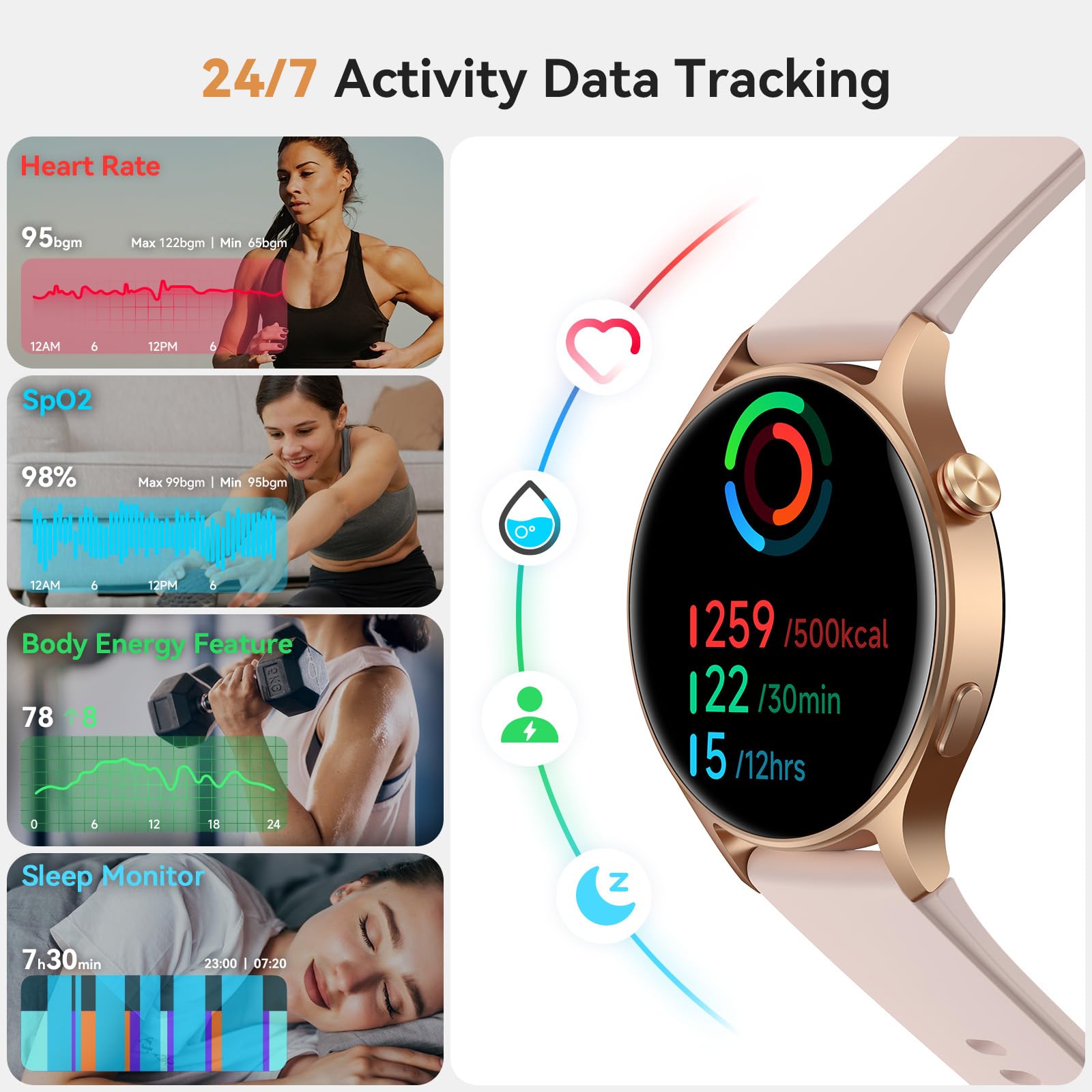 aeac Smart Watch for Women, AMOLED Ultra-Clear Screen Activity Trackers with Heart Rate/Sleep/SpO2 Monitor, Waterproof Fitness Smartwatch for iPhone/Samsung/Android（Pink Gold） 🍁 All In One Marketplace Canada