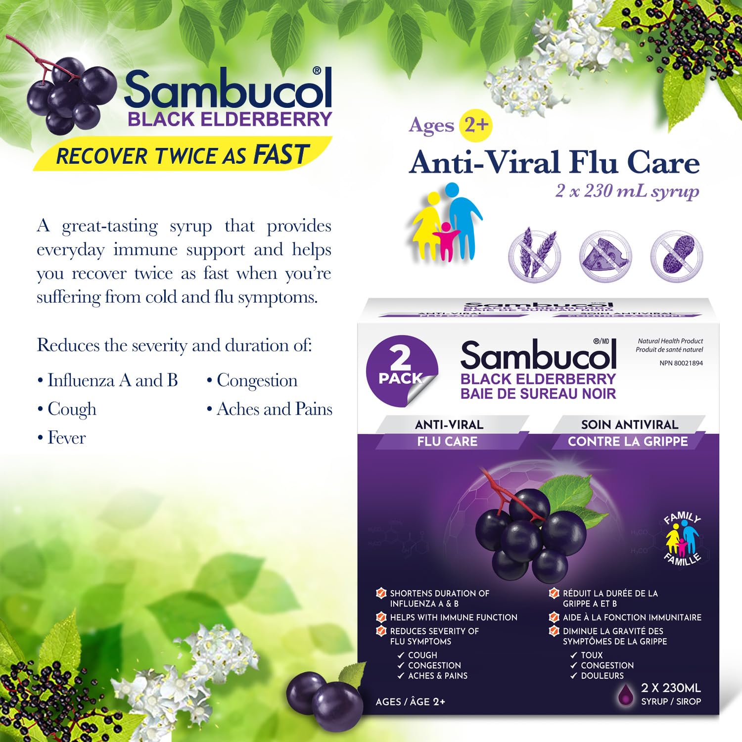 Sambucol Black Elderberry Anti-Viral Flu Care | Quickly Relieves Cold & Flu Symptoms | Immune Support & Antioxidant | Ideal for Families | Syrup, 230 mL | Pack of 2 🍁 All In One Marketplace Canada